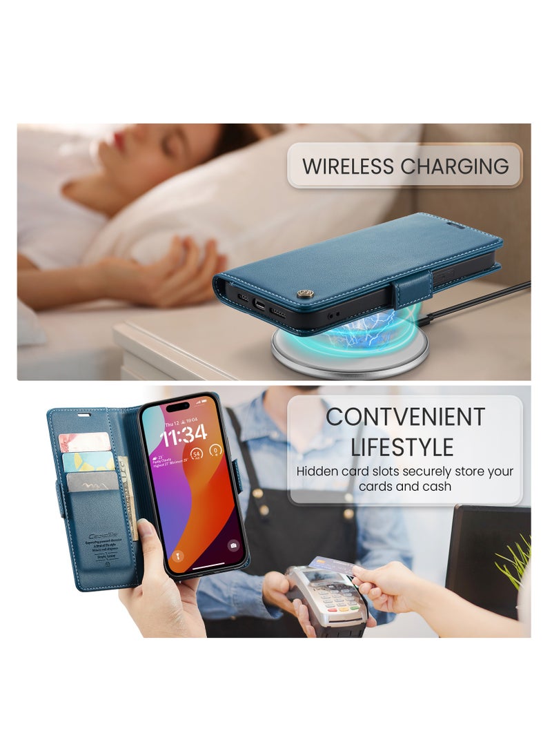 CaseMe Flip Wallet Case For Apple iPhone 15 Pro Max, [RFID Blocking] PU Leather Wallet Flip Folio Case with Card Holder Kickstand Shockproof Phone Cover (Blue) - Image 5