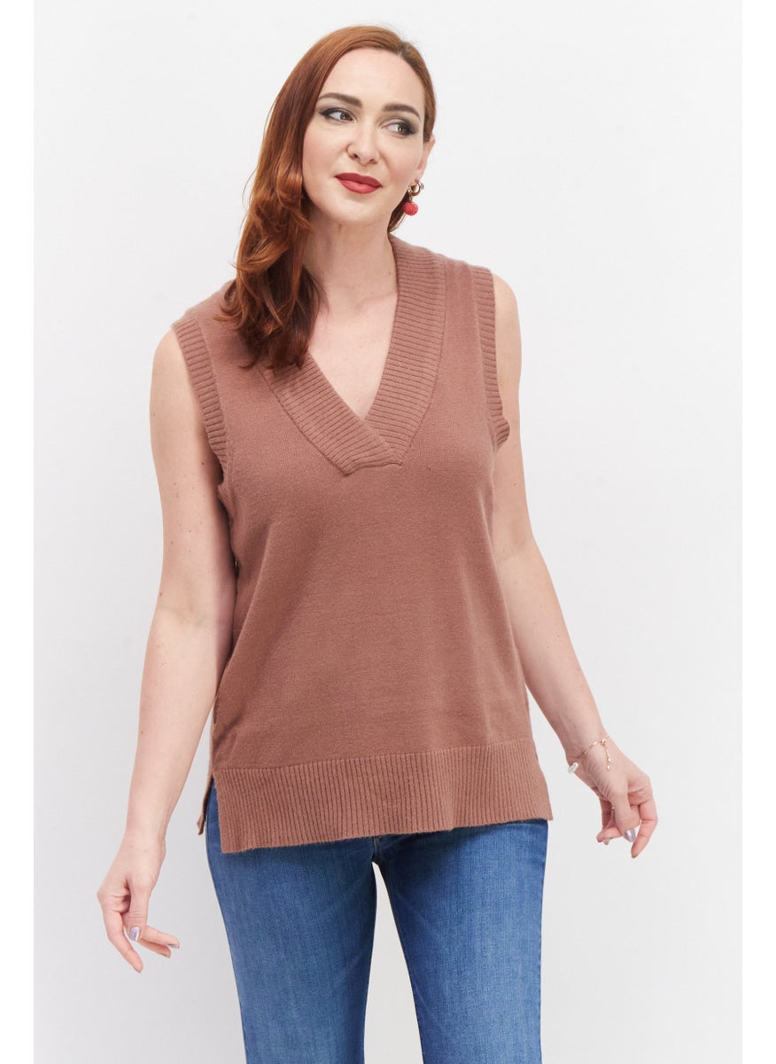 Threadbare Women Textured V-Neck Sleeveless Knitted Vest, Brown  - Image 1