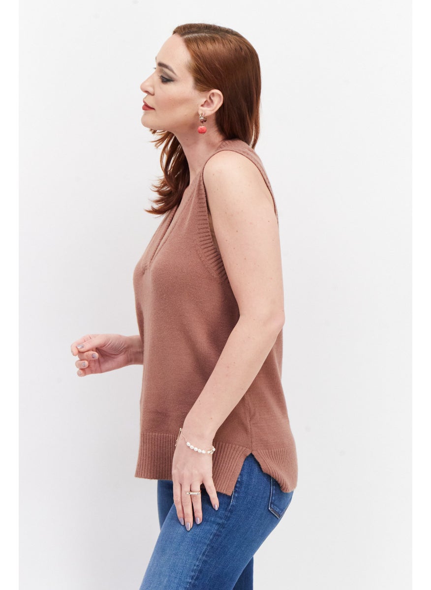 Threadbare Women Textured V-Neck Sleeveless Knitted Vest, Brown  - Image 2
