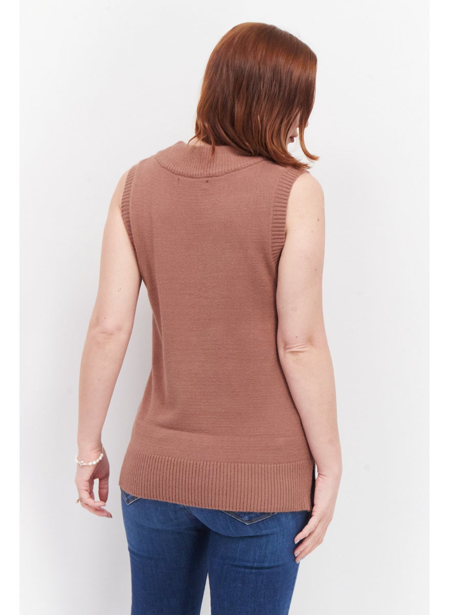 Threadbare Women Textured V-Neck Sleeveless Knitted Vest, Brown  - Image 4