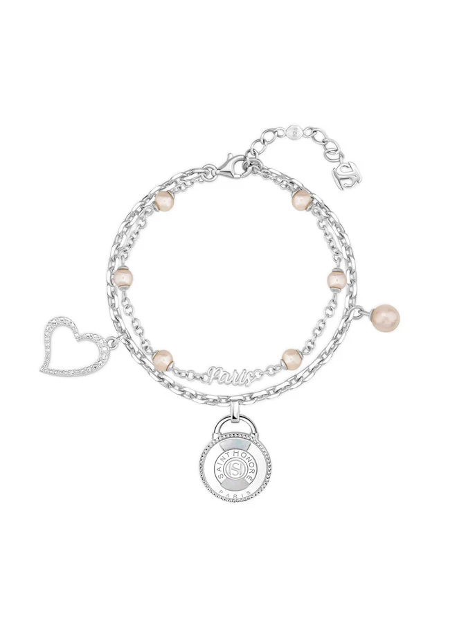 Saint Honore Paris Aimee Double Layer Silver Bracelet with Pink Pearls for Women's