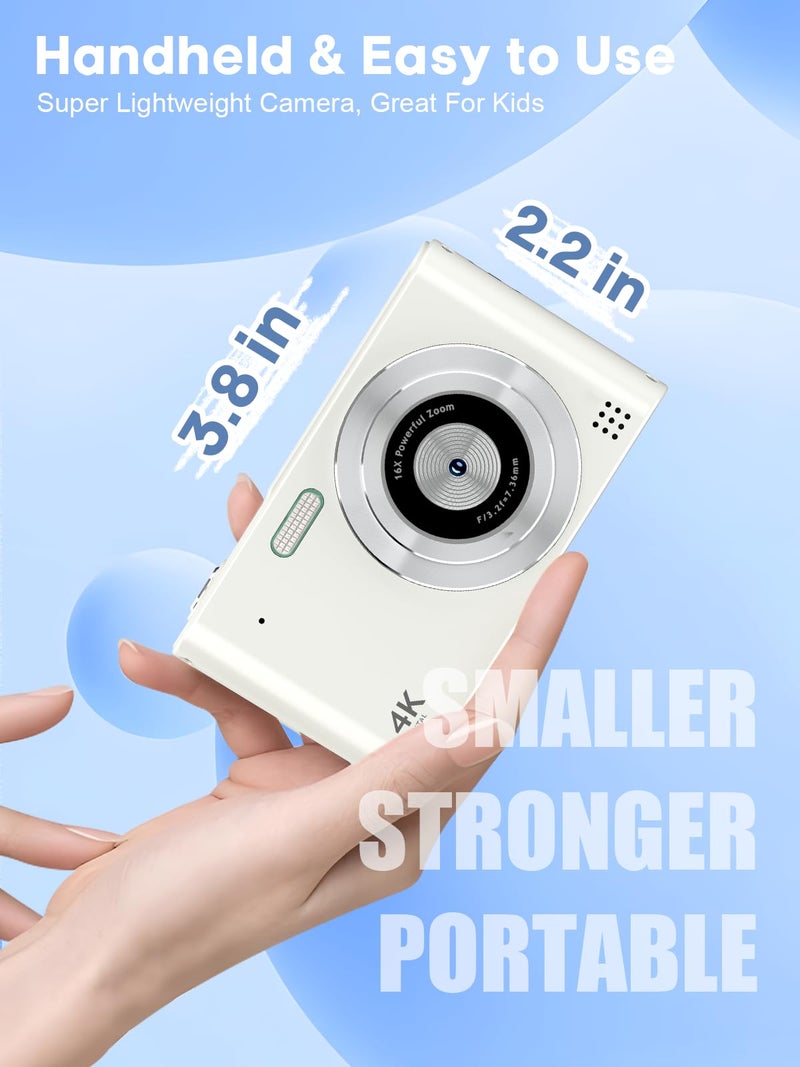 BEARBISU Digital Camera, 44MP Full HD 1080P Point and Shoot Camera with 64GB Card, Anti Shake 16X Zoom Compact Volg Cameras, Portable Small Camara Gift for Kids, Ages Teen Girl Boy - White - Image 3