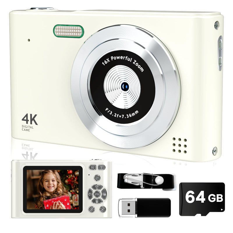 BEARBISU Digital Camera, 44MP Full HD 1080P Point and Shoot Camera with 64GB Card, Anti Shake 16X Zoom Compact Volg Cameras, Portable Small Camara Gift for Kids, Ages Teen Girl Boy - White - Image 1