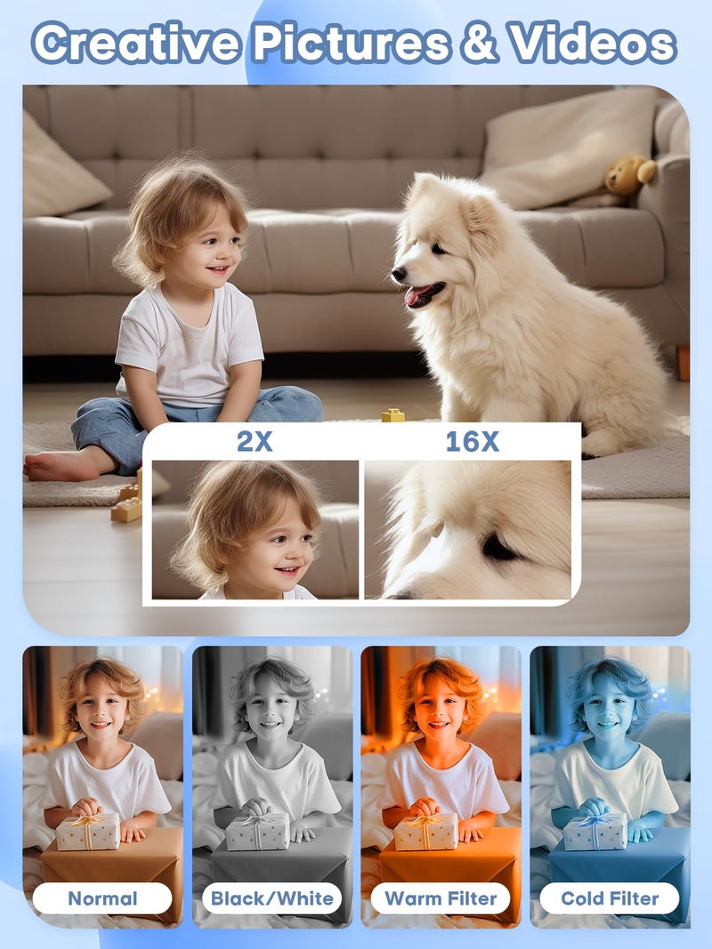 BEARBISU Digital Camera, 44MP Full HD 1080P Point and Shoot Camera with 64GB Card, Anti Shake 16X Zoom Compact Volg Cameras, Portable Small Camara Gift for Kids, Ages Teen Girl Boy - White - Image 4