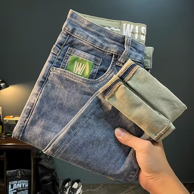 Men's American Style Washed Blue Straight Leg Jeans with Embroidery - Image 1