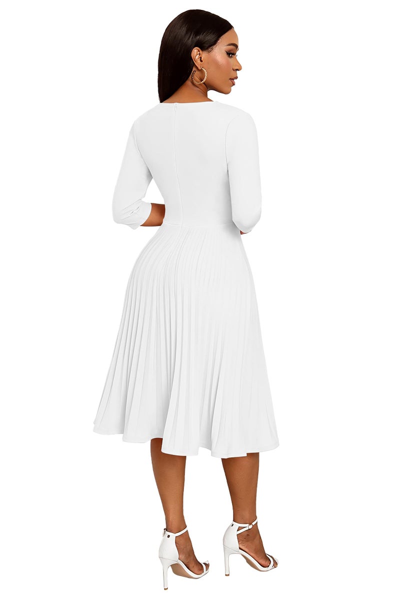 CLOCOR Midi Dresses for Women Fit and Flare A-Line Pleated Dress 3/4 Sleeve V Neck Church Cocktail Wedding Guest Dress White XL - Image 4