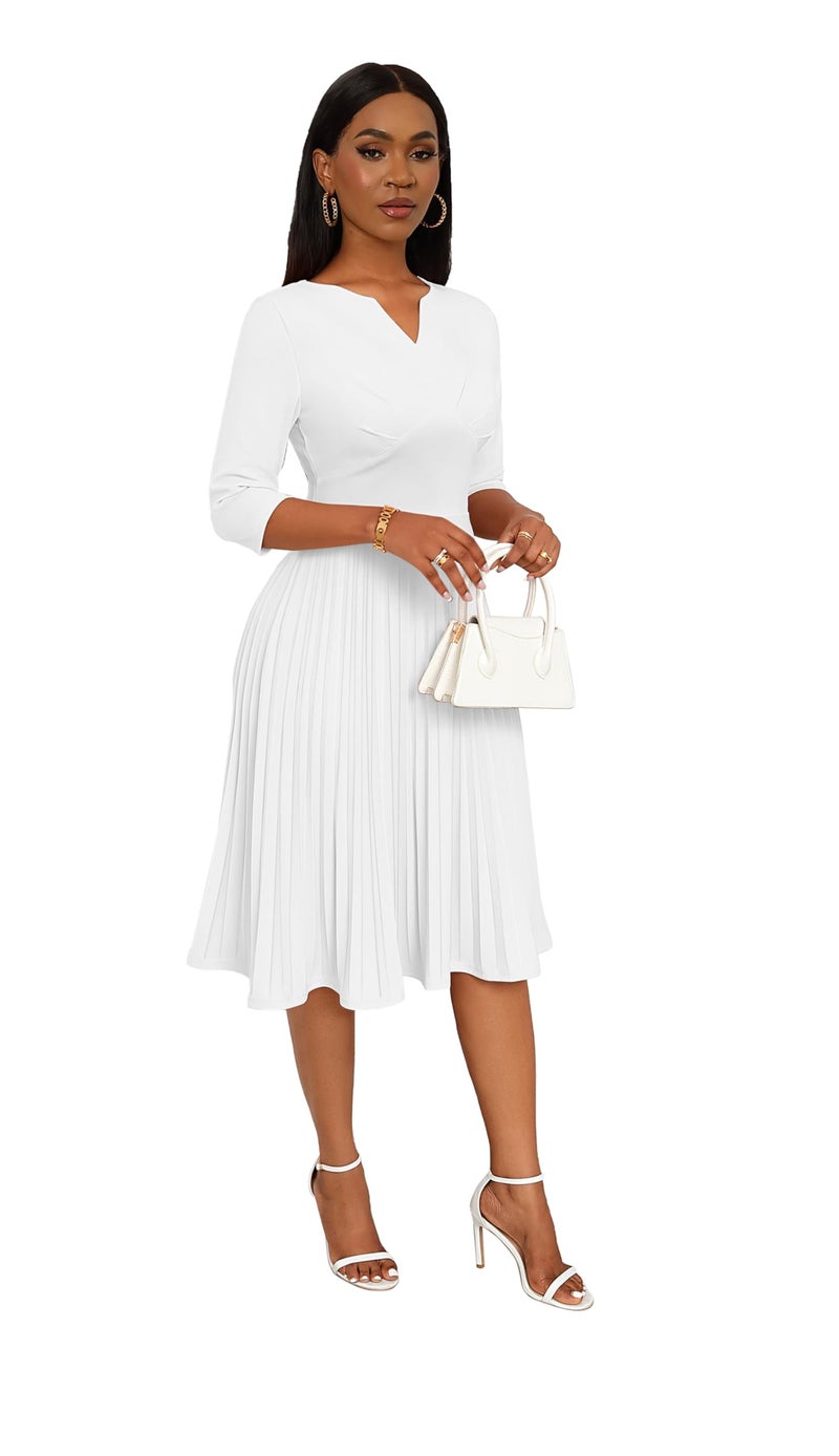 CLOCOR Midi Dresses for Women Fit and Flare A-Line Pleated Dress 3/4 Sleeve V Neck Church Cocktail Wedding Guest Dress White XL - Image 5