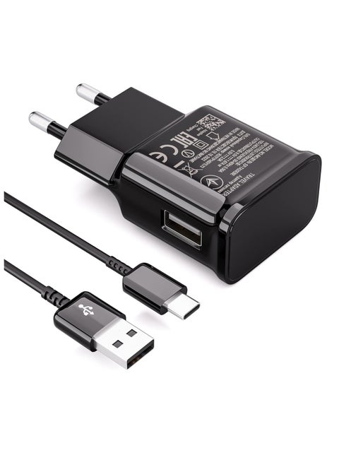 شاحن مع كابل شحن سريع USB نوع سي متوافق مع سامسونج جالاكسي S8 S8 S8+ S9 بلس S9+ S10 S10 S10 بلس S10e A50 A40 A30 A20 A42 5G شاحن سريع اصلي اسود