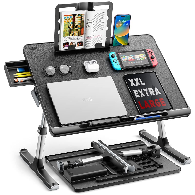 SAIJI Laptop Bed Tray Desk, SAIJI X-Large Adjustable Laptop Table, Foldable Laptop Desk with Storage Drawer and Bookstand for Eating, Working, Writing, Gaming, Drawing (Black) - Image 1