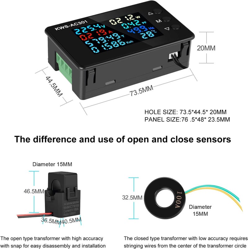 AITIAO Digital Display AC Multimeter 50-300V 0-100A Current Voltmeter with Open Transformer 110V 220V 8 in 1 Multifunction Electric Meter Power Detector LCD Digital Display Tester Gauge Monitor - Image 3