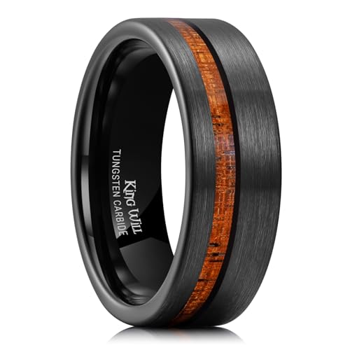 King Will 8mm Black Tungsten Rings for Men Nature Red Wood Inlay Centre Grooved Mens Wedding Band Fashionable Engagement Ring Matte Brushed Pipe Cut Comfit Fit Hypoallergenic Durable, Size 8 - Image 1