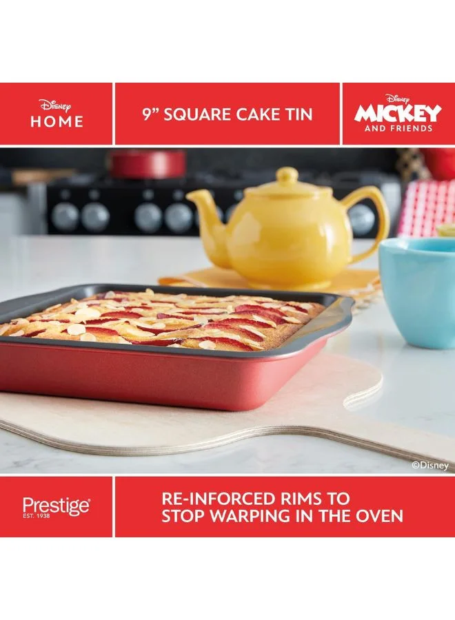 Prestige Prestige New Disney Bake with Mickey Mouse Square Cake Tins for Baking - Non Stick 9 Inch Cake Tin, Carbon Steel Bakeware, Red & Black