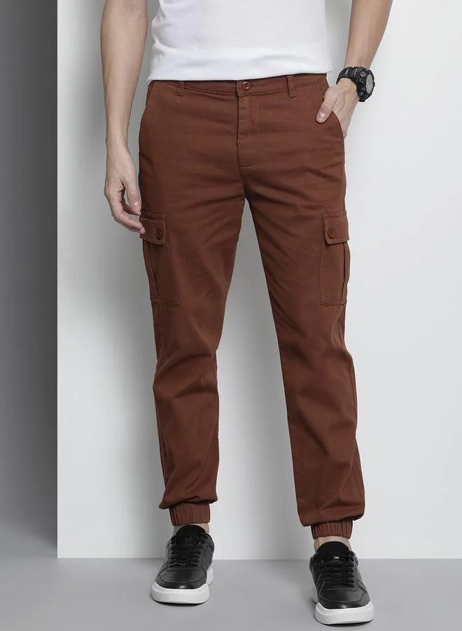 The Indian Garage Co The Indian Garage Co Men Brown Solid Slim Fit Cargo Pants