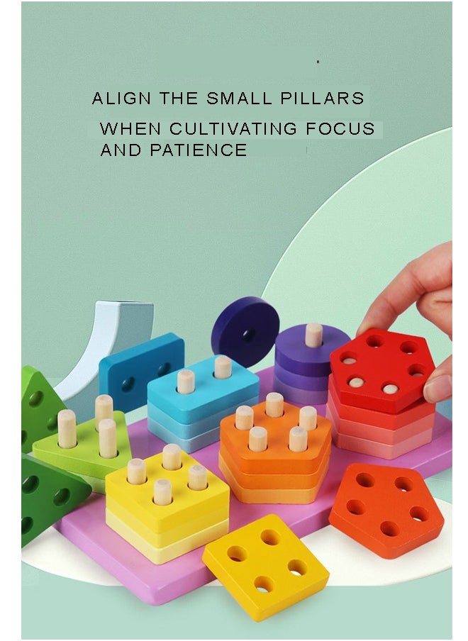 Wooden Educational Multicolour Shape Recognition Stacking Block Set For Baby