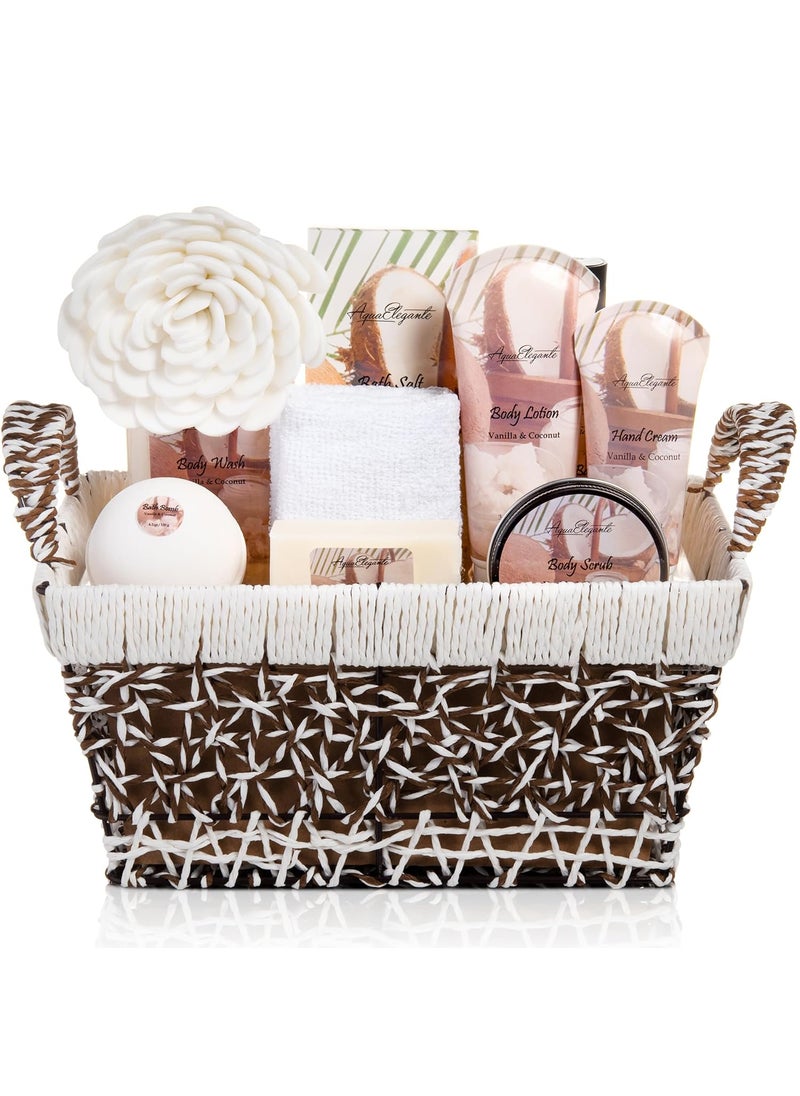 Aqua Elegante Spa Baskets For Women  Luxury Bath Set With Coconut  Vanilla  Spa Kit Includes Wash Bubble Bath Lotion Bath Salts Body Scrub Hand Cream Shower Puff Bathbombs Soap and Towel 