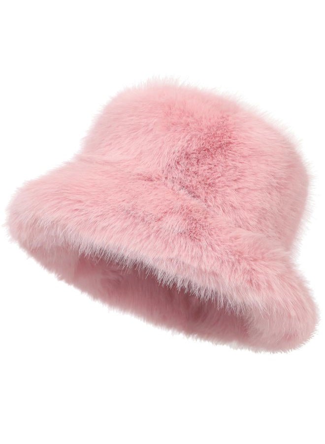 LA CARRIE Women's Fuzzy Wide Brim Faux Fur Bucket Hat Winter Warmer Fisherman Cap(Pink), Pink, One size - Image 1