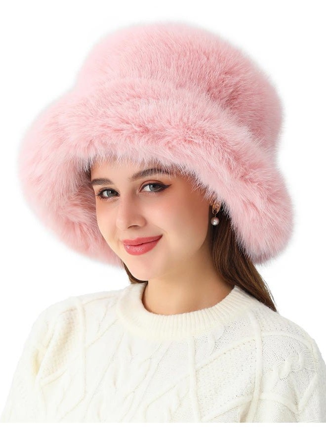 LA CARRIE Women's Fuzzy Wide Brim Faux Fur Bucket Hat Winter Warmer Fisherman Cap(Pink), Pink, One size - Image 4