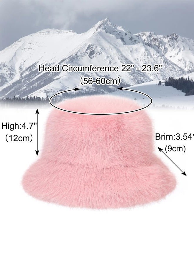 LA CARRIE Women's Fuzzy Wide Brim Faux Fur Bucket Hat Winter Warmer Fisherman Cap(Pink), Pink, One size - Image 3