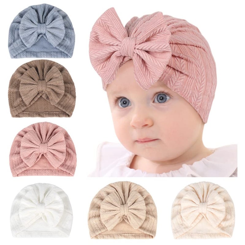 QandSweet 0-24 Months Newborn Girls' Hats Cotton and Linen Cap Infant Big Bow Hat Baby Shower (6 Pack) - Image 1