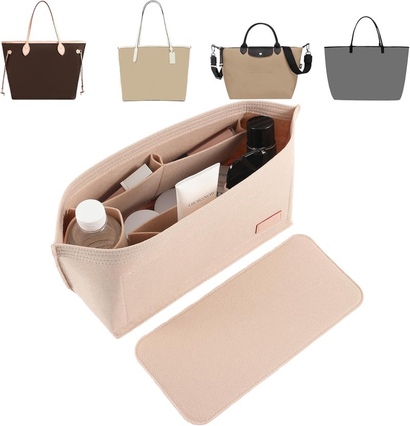 Doxo Purse Organizer Insert for Handbags & Base Shaper 2pc Set,Felt Organizer Insert Large Tote,Bag Organizer with Zipper 3 Sizes,Fit Speedy Neverfull MM and More(Beige-L-Combination) - Image 1