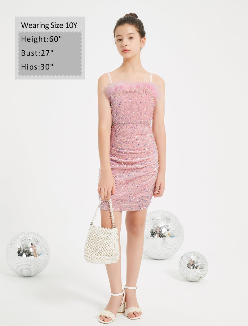 EXARUS Girls Pink Dress Sequin Glitter Bodycon Sparkle Sparkly Ruched Tween Spaghetti Strap Semi Formal Party Cocktail Ball Prom Teen Wedding Kids Mini Short Dresses Fancy Glam Velvet 8Y - Image 5
