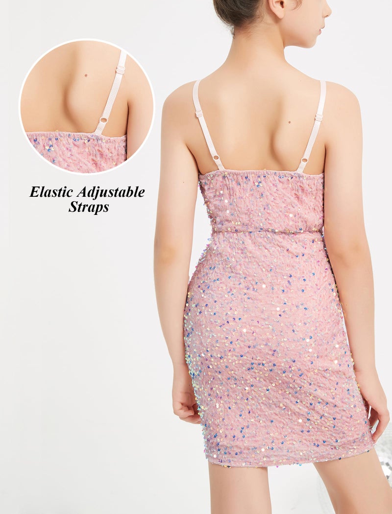 EXARUS Girls Pink Dress Sequin Glitter Bodycon Sparkle Sparkly Ruched Tween Spaghetti Strap Semi Formal Party Cocktail Ball Prom Teen Wedding Kids Mini Short Dresses Fancy Glam Velvet 8Y - Image 4