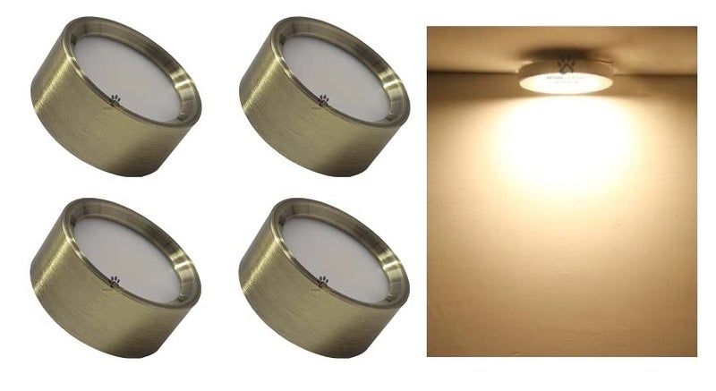 Mufasa 3 Watts Antique Brass Finish 4CM Diameter Led Surface Panel, Cabinet, Wardrobe Light, Edge Round Style Flush Mount Ceiling Lamp, Pack of 4 (Warm White,Aluminum) - Image 1