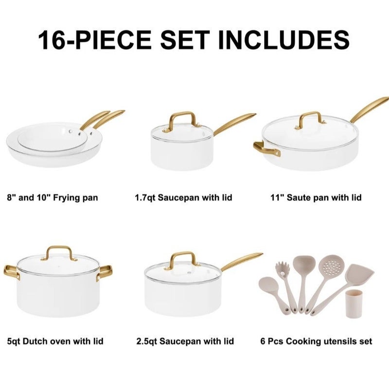 Caannasweis 16pcs Pots and Pans Set Non Stick - Ceramic Cookware Set with Cooking Utensils Set,Oven Safe, Dishwasher Safe，Compatible with Induction Cookers Gas And Electric Stoves All Stoves，Non Toxic Kitchen Cookware Sets Dutch Oven Pot with Lid Saucepan Set Sauté Pan Frying Pan Set for Cooking Gifts，White - Image 2