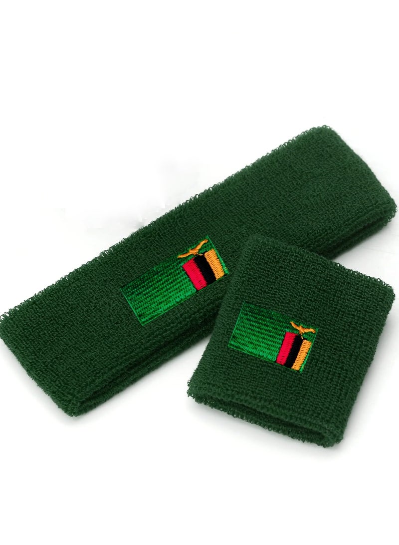 Vitacelli Sweatband Set Sports Headband Wristband Set Zambia Logo Cloth Wristband Wrist Sweatband Headbands Set for Basketball, Football, Running, Gym & Exercise (GREEN)  - Image 1