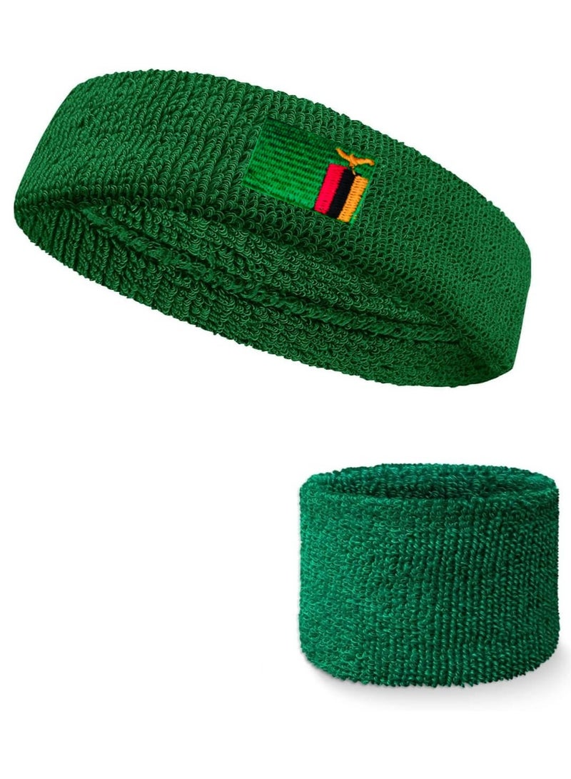 Vitacelli Sweatband Set Sports Headband Wristband Set Zambia Logo Cloth Wristband Wrist Sweatband Headbands Set for Basketball, Football, Running, Gym & Exercise (GREEN)  - Image 2