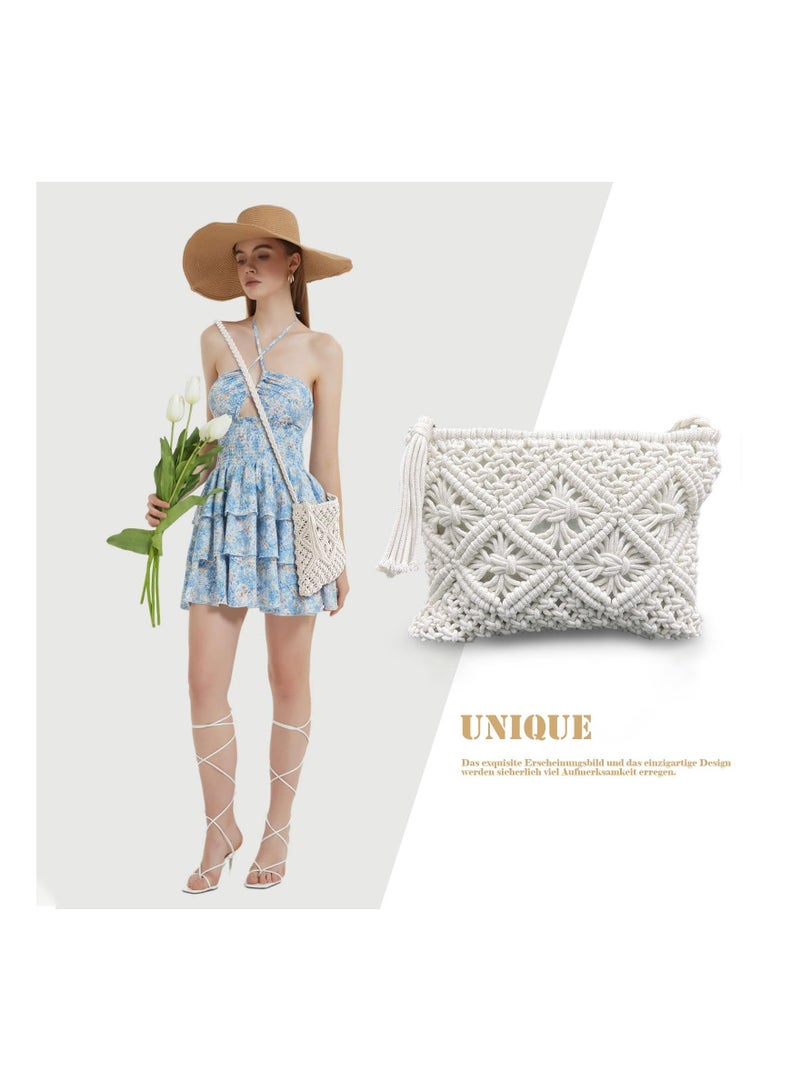 Zikra Handmade White Straw Cross Body Bag for Women, Beach-Ready Straw Messenger Bag Artisanal White Straw Shoulder Bag with Zipper Zippered White Straw Beach Bag for Women's Beach Outings - Image 2