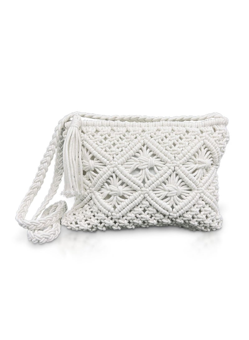 Zikra Handmade White Straw Cross Body Bag for Women, Beach-Ready Straw Messenger Bag Artisanal White Straw Shoulder Bag with Zipper Zippered White Straw Beach Bag for Women's Beach Outings - Image 1