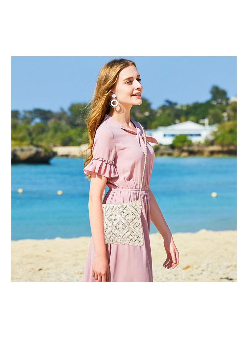 Zikra Handmade White Straw Cross Body Bag for Women, Beach-Ready Straw Messenger Bag Artisanal White Straw Shoulder Bag with Zipper Zippered White Straw Beach Bag for Women's Beach Outings - Image 4