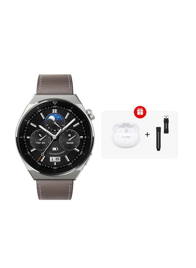 HUAWEI GT 3 Pro Smart Watch Odin Classic Titanium Case with Leather Strap And Free Buds Grey - Image 1