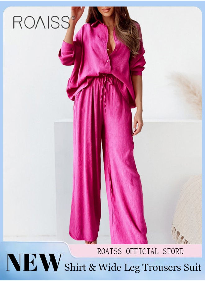 roaiss - Ladies Comfortable Cotton Linen 2 Piece Suit for Daily Commute - Shirt and Wide Leg Pants Set with Simple Loose Fit Design for Leisure - Image 1