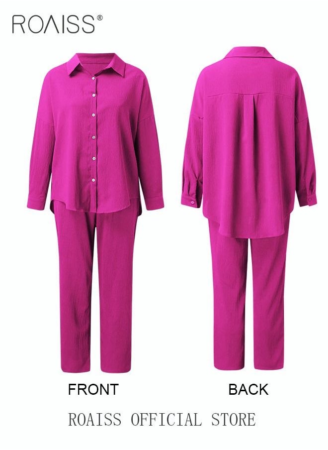 roaiss - Ladies Comfortable Cotton Linen 2 Piece Suit for Daily Commute - Shirt and Wide Leg Pants Set with Simple Loose Fit Design for Leisure - Image 1