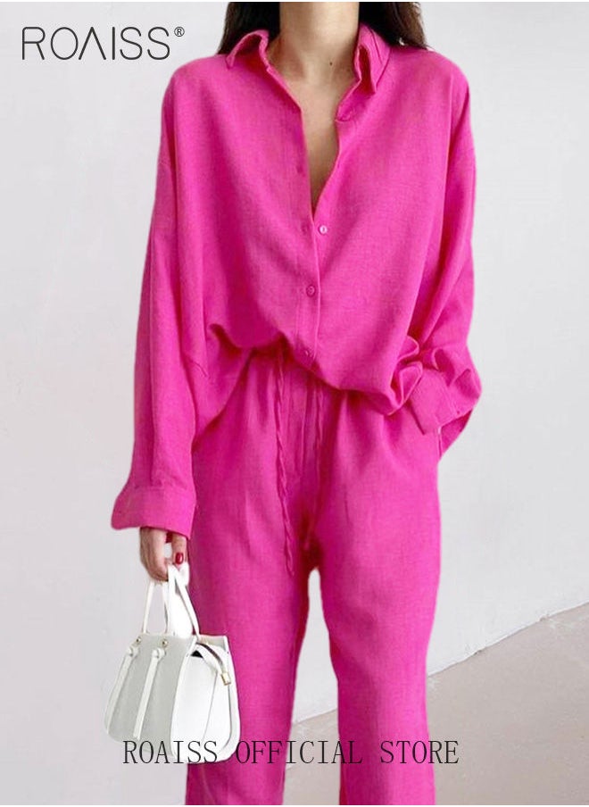 roaiss - Ladies Comfortable Cotton Linen 2 Piece Suit for Daily Commute - Shirt and Wide Leg Pants Set with Simple Loose Fit Design for Leisure - Image 1