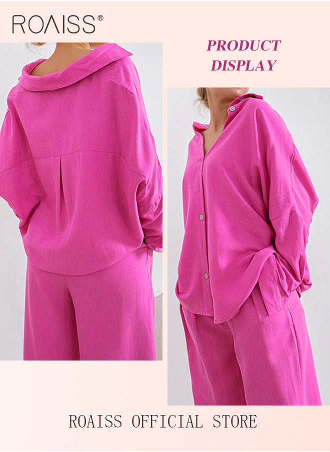 roaiss - Ladies Comfortable Cotton Linen 2 Piece Suit for Daily Commute - Shirt and Wide Leg Pants Set with Simple Loose Fit Design for Leisure - Image 1