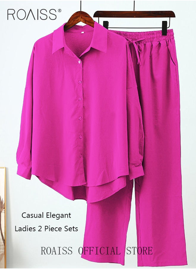 roaiss - Ladies Comfortable Cotton Linen 2 Piece Suit for Daily Commute - Shirt and Wide Leg Pants Set with Simple Loose Fit Design for Leisure - Image 1