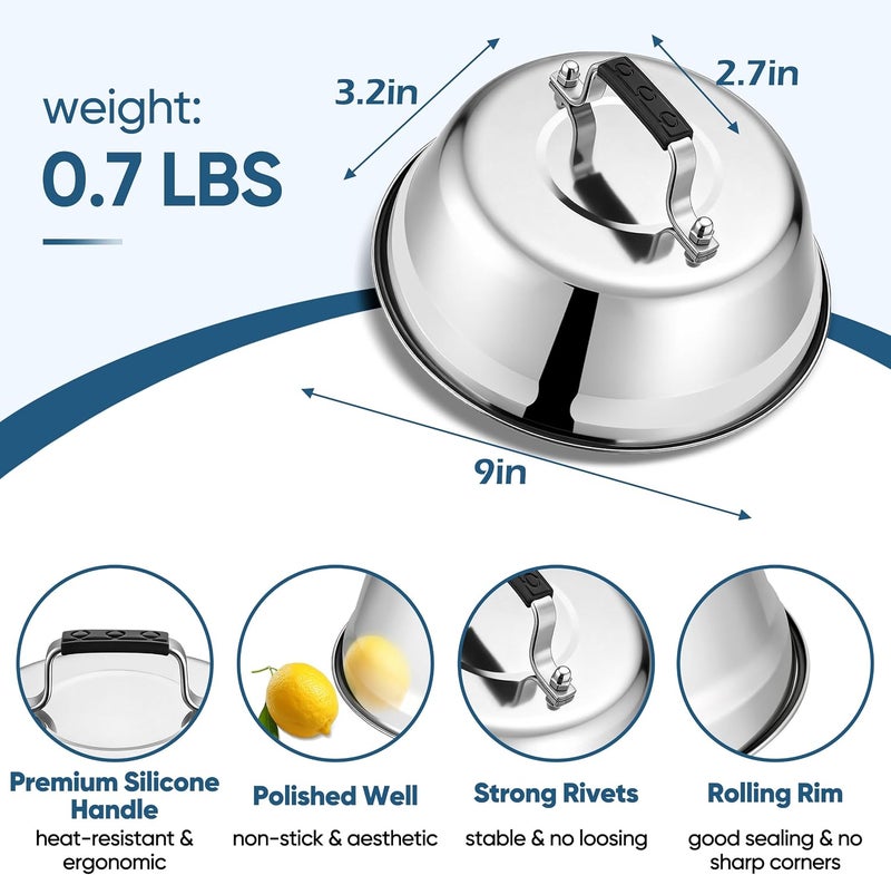 HaSteeL قبعة ذوبان الجبنة ومكبس الشواء للمقلاة، من الفولاذ المقاوم للصدأ بقطر 9 بوصات مع غطاء لدهن، بالإضافة إلى مكبس هامبرغر خشبي قوي بقطر 7 بوصات، ومجموعة إكسسوارات المقلاة مثالية للاستخدام في المطابخ ذات الأسطح المسطحة مثل مطابخ تيبانياكي، سواء داخليًا أو خارجيًا. - Image 2