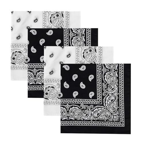 DIKHAWA Unisex Soft Breathable Cotton Paisley Printed Cowboy Bandanas,Headband,Scarf (BLACK,WHITE_50CM X 50CM_Pack of 4) - Image 1