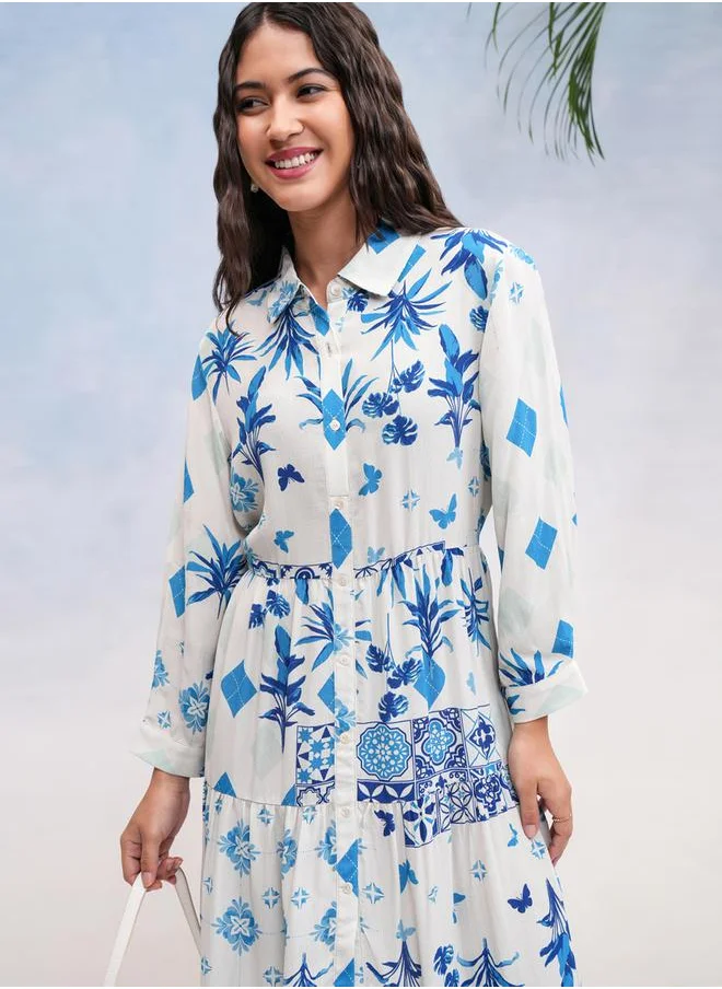فيشود All Over Print Knee Length A-Line Dress by Styli