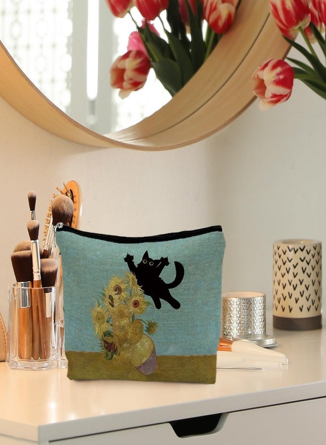 RYYCDOI Funny Black Cat Makeup Cosmetic Bags for Women - Cat Gifts for Women Cat Lovers, Cat Mom Gifts, Cat Lady Gifts, Floral Cat Small Makeup Bag Pouch for Purse - Image 2