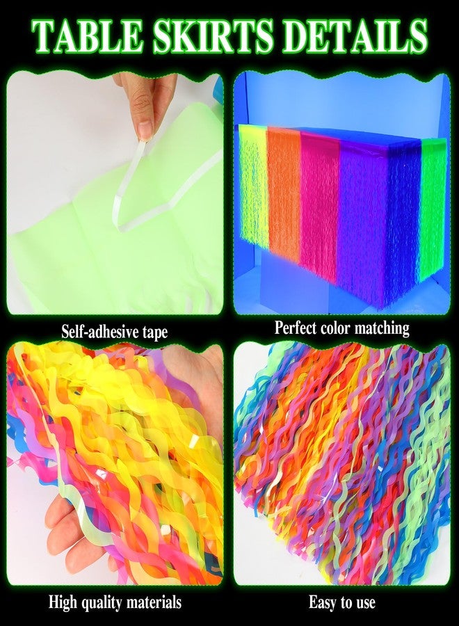 Tingjoo 4 Pcs Glow in The Dark Party Wavy Tinsel Plastic Foil Fringe Table Skirts Glow in The Dark Neon Party Decorations UV Black Light Neon Table Skirt Decor for Birthday Bridal Shower Wedding - Image 4