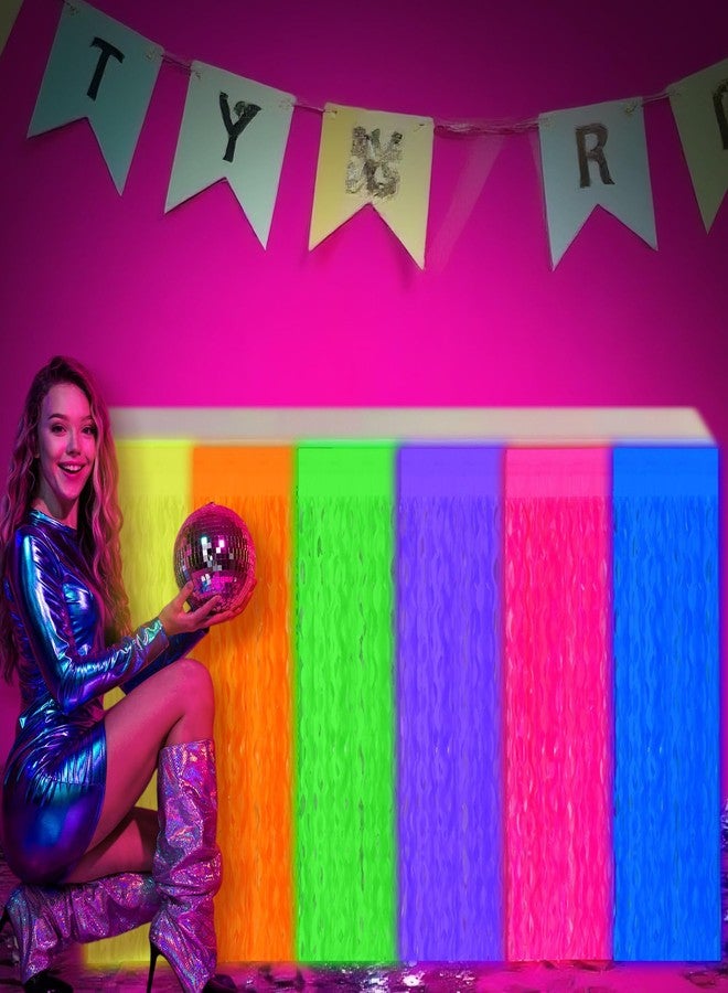 Tingjoo 4 Pcs Glow in The Dark Party Wavy Tinsel Plastic Foil Fringe Table Skirts Glow in The Dark Neon Party Decorations UV Black Light Neon Table Skirt Decor for Birthday Bridal Shower Wedding - Image 5