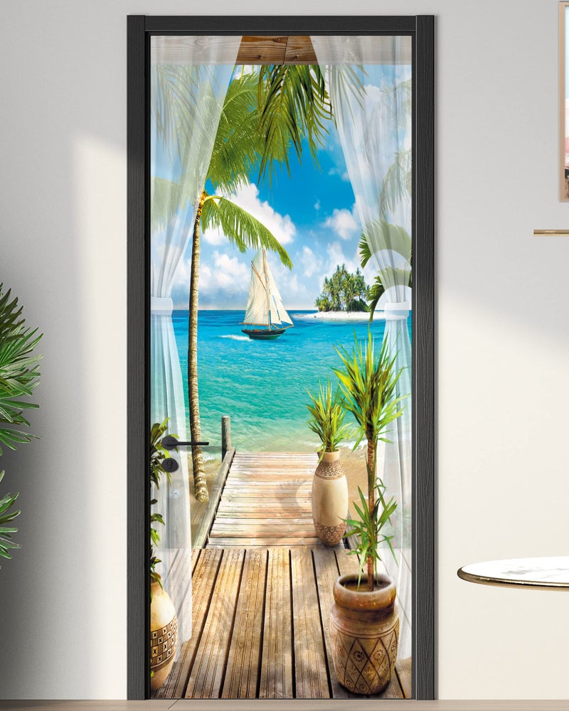 FLFK Door Decal Sticker - Ocean,Peel and Stick Mural,Combined Size 36"x80",Split into 2 Pieces - Image 1