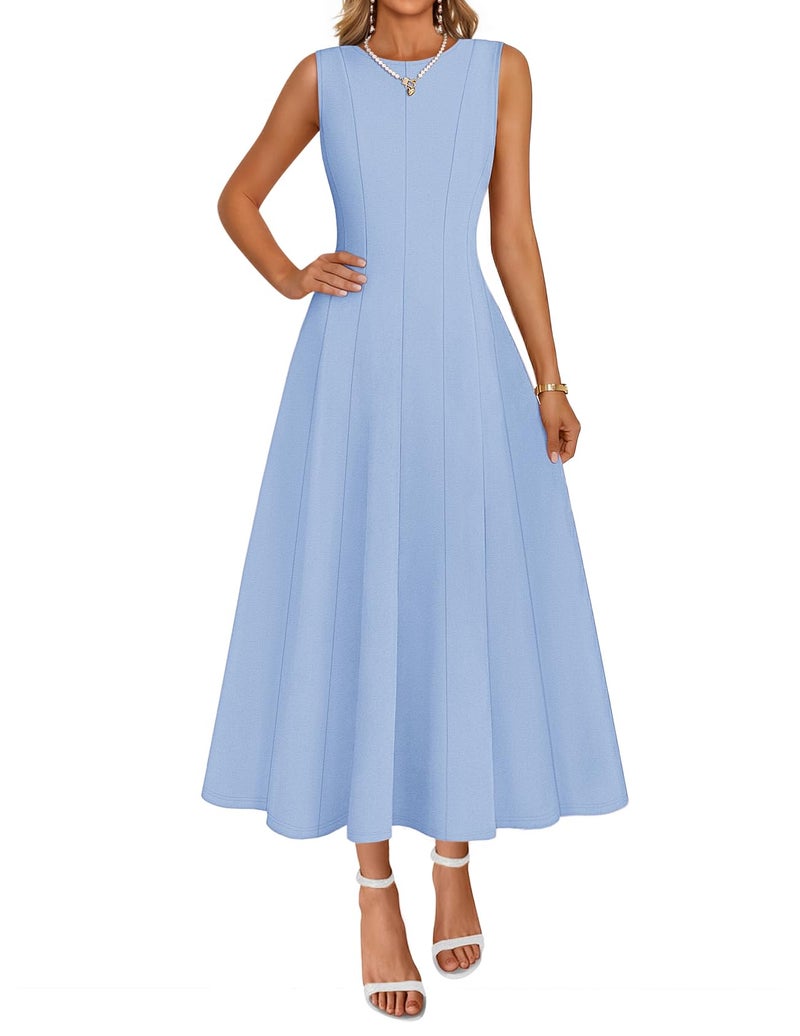 MEROKEETY Women's 2026 Summer Elegant Classy Midi Dress Sleeveless A Line Flowy Formal Cocktail Dresses, Blue, X-Large - Image 1