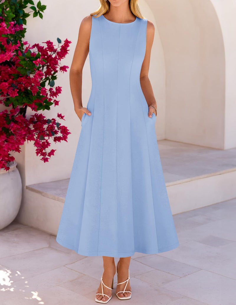 MEROKEETY Women's 2026 Summer Elegant Classy Midi Dress Sleeveless A Line Flowy Formal Cocktail Dresses, Blue, X-Large - Image 3
