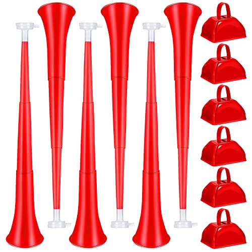 Treela 12 Pcs Collapsible Stadium Horn and Metal Cowbells 24 Inch Vuvuzela Horn Blow Plastic Trumpet Cow Bells with Handle Noisemakers for Sporting Events Graduation Games School Sports PartyRed - Image 1