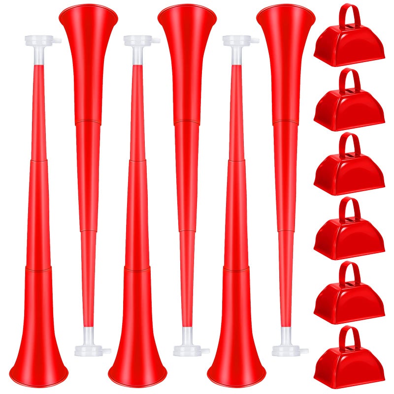 Treela 12 Pcs Collapsible Stadium Horn and Metal Cowbells 24 Inch Vuvuzela Horn Blow Plastic Trumpet Cow Bells with Handle Noisemakers for Sporting Events Graduation Games School Sports PartyRed - Image 2